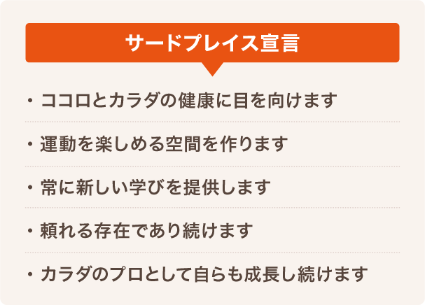 サードプレイス宣言 ・ココロとカラダの健康に目を向けます・運動を楽しめる空間を作ります・常に新しい学びを提供します・頼れる存在であり続けます・カラダのプロとして自らも成長し続けます